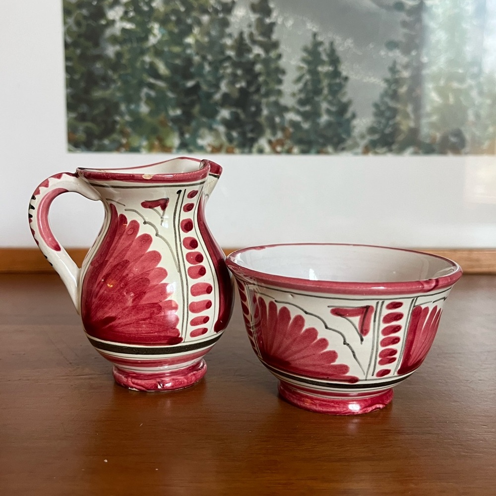 Hand-Painted Italian Red and White Ceramic Pitcher and Bowl Set